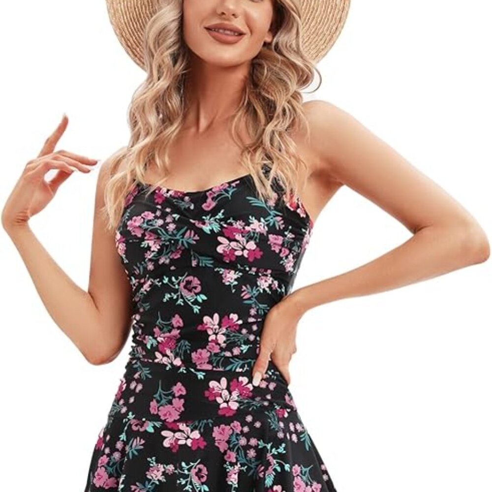 RWFVSJ One Piece Swimdress Flower Black Size Large